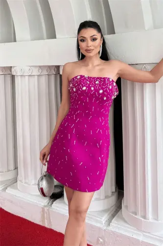 Atlas Kumaş Taş Detaylı Mini Ko'ylak - FUŞYA - BÜYÜKBEDENIZ (1)