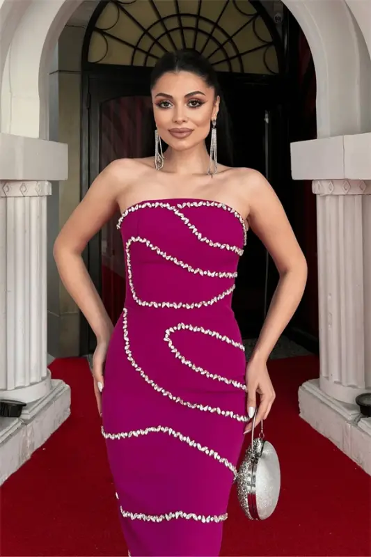 Atlas Kumaş Tosh Detalli Qalam Ko'ylak - FUCHSIA - 4