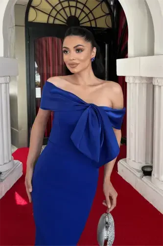 Atlas Kumaş Yakası Kurdale Detaylı Kalem Elbise - SAKS MAVİSİ - 4