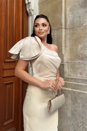 Atlas Kumaş Yelkasi Organza Tafsilotli Qalam Ko'ylak - BEJ - 3