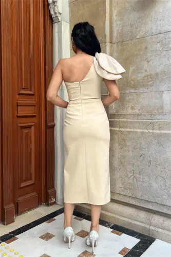 Atlas Kumaş Yelkasi Organza Tafsilotli Qalam Ko'ylak - BEJ - 5