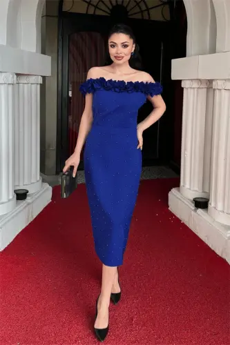 Atlas mato gulli marvarid detalli qalam ko'ylak - SAKS MAVIY - 1