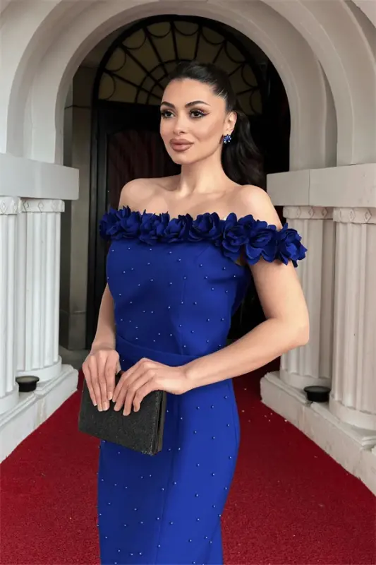 Atlas mato gulli marvarid detalli qalam ko'ylak - SAKS MAVIY - 3