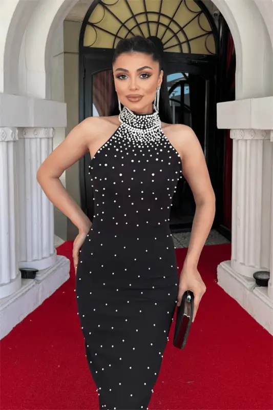 Atlas Mato İnci Munchoqli Bo'yindan Bog'lanadigan Kechki Libos - QORA - 3