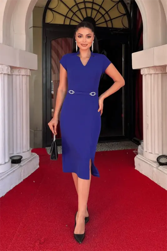 Atlas mato kamar detalli qalam ko'ylak - SAKS MAVI - 2