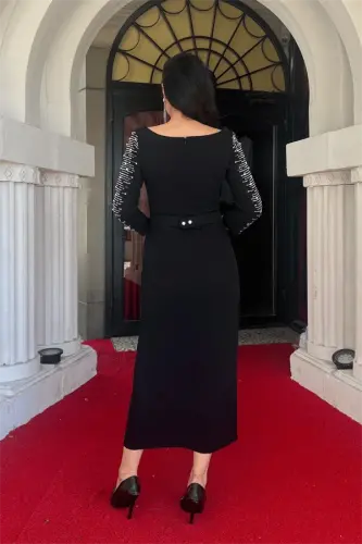 Atlas mato qo'llari tosh detallari bilan qalam ko'ylak - QORA - 5