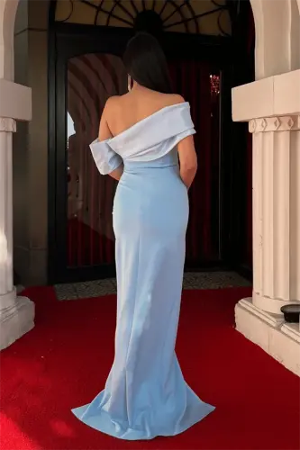 Atlas Organza Fabric Boat Neck Evening Dress - BABY BLUE - 8