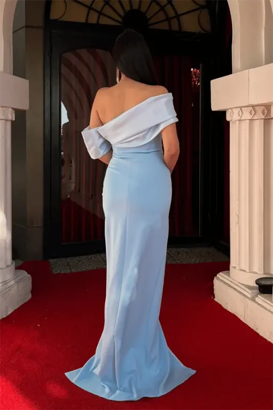 Atlas Organza Fabric Boat Neck Evening Dress - BABY BLUE - 8