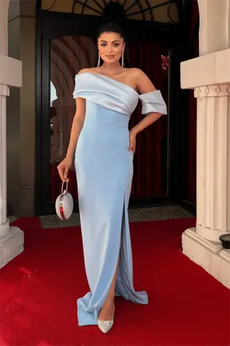 Atlas Organza Fabric Boat Neck Evening Dress - BABY BLUE - 1