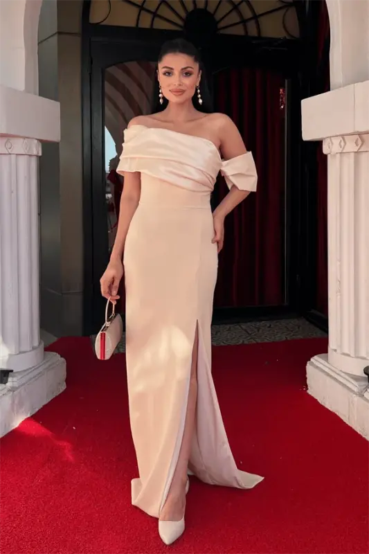 Atlas Organza Fabric Boat Neck Evening Dress - BEIGE - BÜYÜKBEDENIZ