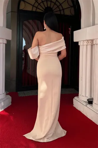 Atlas Organza Fabric Boat Neck Evening Dress - BEIGE - 5