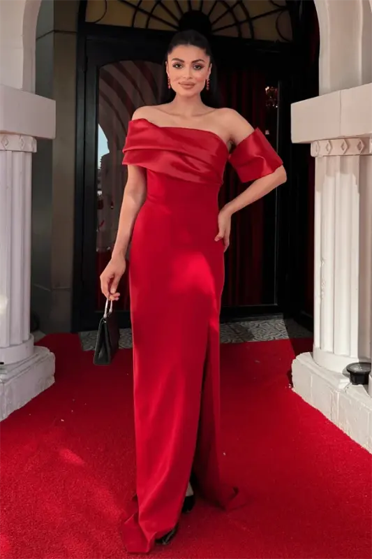 Atlas Organza Fabric Boat Neck Evening Dress - RED - 2