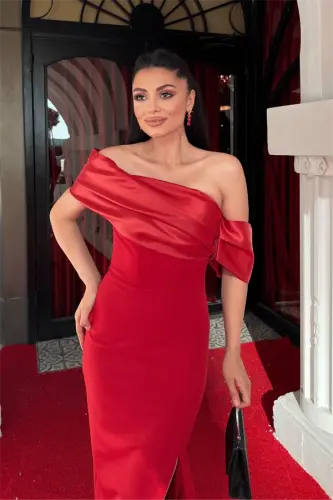 Atlas Organza Fabric Boat Neck Evening Dress - RED - 3