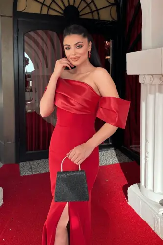 Atlas Organza Fabric Boat Neck Evening Dress - RED - 4