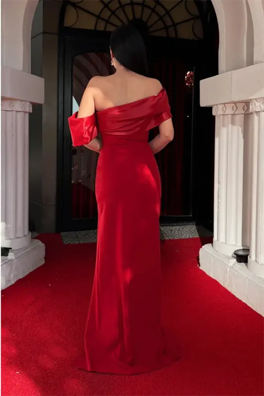 Atlas Organza Fabric Boat Neck Evening Dress - RED - 5