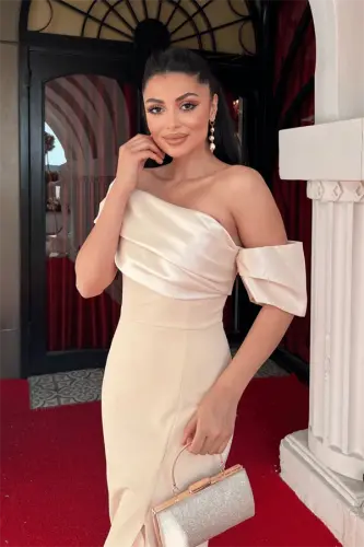 Atlas Organza Mato Qayiq Yoqa Kechki Libos - BEJ - 3