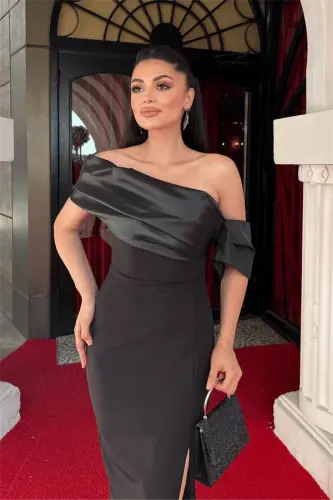 Atlas Organze Kumaş Kayık Yaka Abiye Elbise - SİYAH - 3