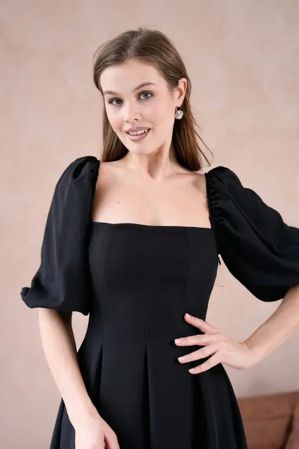 Атлас ткань, без бретелек, короткие рукава-фонарики, миди-бочонок - 4