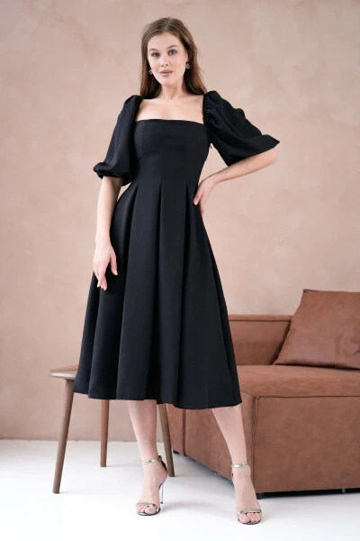 Атлас ткань, без бретелек, короткие рукава-фонарики, миди-бочонок - 5