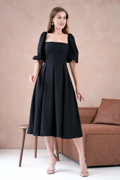 Атлас ткань, без бретелек, короткие рукава-фонарики, миди-бочонок - 6