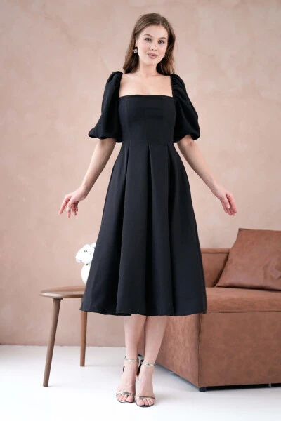 Атлас ткань, без бретелек, короткие рукава-фонарики, миди-бочонок - 7