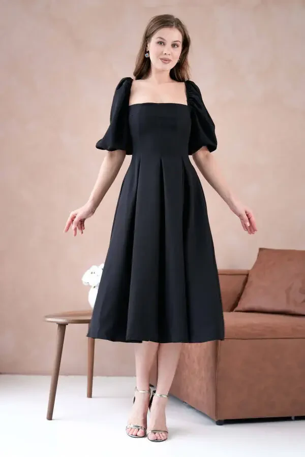 Атлас ткань, без бретелек, короткие рукава-фонарики, миди-бочонок - 7