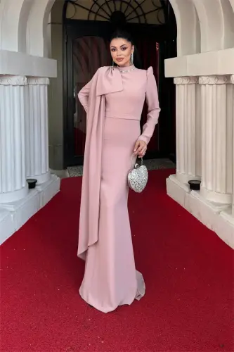 Атлас Ткань Накидка На Плечи Детализированное Платье Русалка - ПУДРА - 1