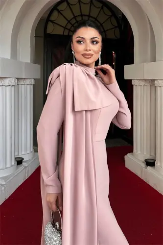 Атлас Ткань Накидка На Плечи Детализированное Платье Русалка - ПУДРА - 4