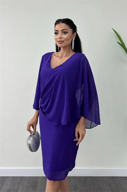 Атлас Ткань Шифон Брошь Деталь Карандаш Платье - ФИОЛЕТОВЫЙ - 3