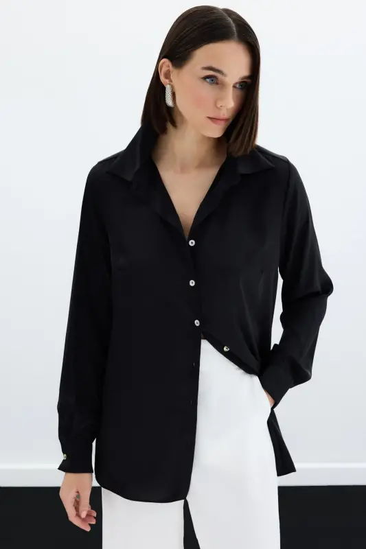 Атласная рубашка - Черный-ЧЕРНЫЙ - SATEEN