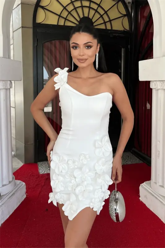 Атласное Мини-Платье с Цветочными Деталями - БЕЛОЕ - 6