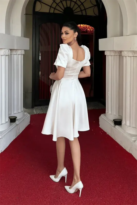 Атласное Платье-баллон с мини-рукавами - БЕЛЫЙ - 5