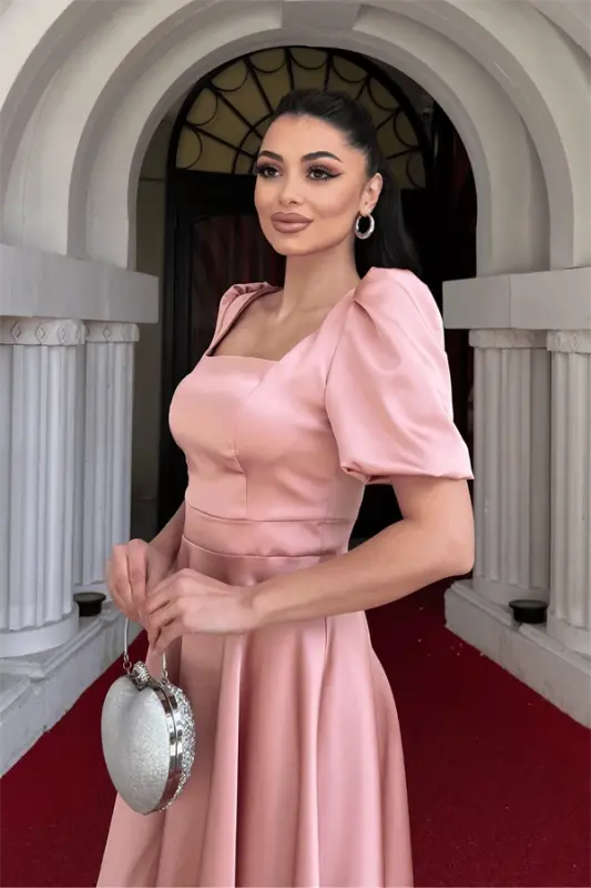 Атласное Платье-Баллон с Мини-Рукавами - ПУДРА - 4