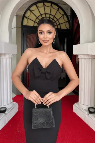 Атласное Платье-Карандаш Без Бретелек с Бантом - ЧЕРНЫЙ - 4