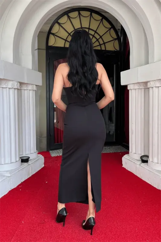 Атласное Платье-Карандаш Без Бретелек с Бантом - ЧЕРНЫЙ - 5