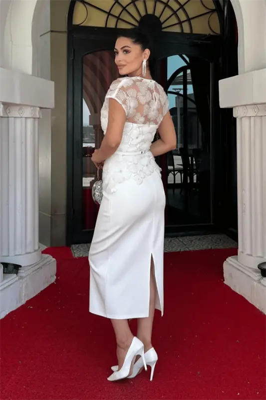 Атласное Платье-Карандаш с Декором из Бусин - БЕЛЫЙ - 6