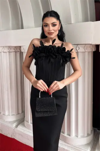 Атласное Платье-Карандаш с Косточками и Деталью Роз - ЧЕРНЫЙ - BÜYÜKBEDENIZ (1)