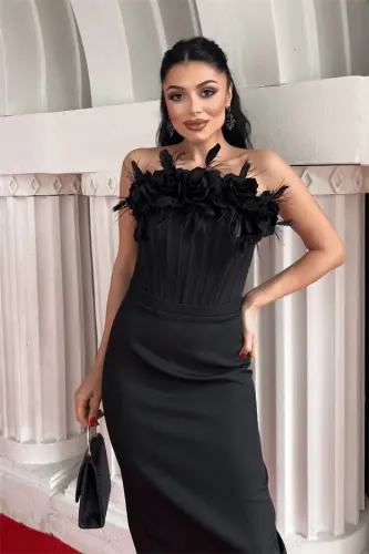 Атласное Платье-Карандаш с Косточками и Деталью Роз - ЧЕРНЫЙ - 3