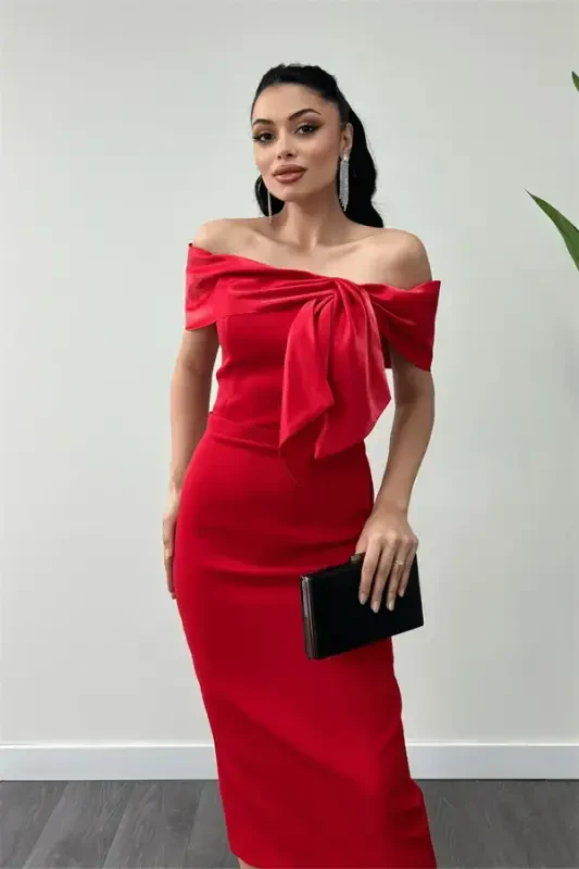 Атласное Платье-Карандаш с Кружевной Отделкой Воротника и Лентой - КРАСНЫЙ - 3