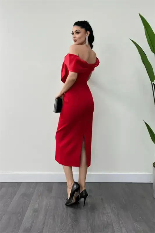 Атласное Платье-Карандаш с Кружевной Отделкой Воротника и Лентой - КРАСНЫЙ - 5