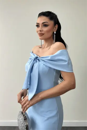 Атласное Платье-карандаш с Кружевной Отделкой Воротника и Лентой - НЕБЕСНО-ГОЛУБОЙ - 4