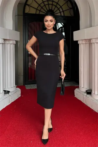 Атласное Платье-карандаш с Поясом - ЧЕРНЫЙ - 1