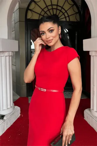 Атласное Платье-Карандаш с Поясом - КРАСНЫЙ - 3