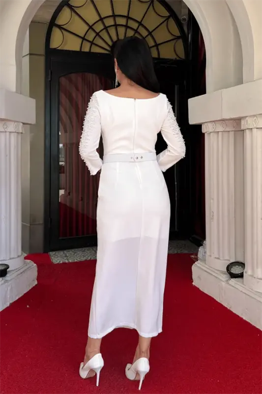 Атласное Платье-карандаш с Рукавами и Деталями из Камней - БЕЛЫЙ - 5