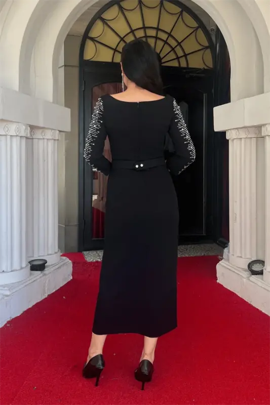 Атласное Платье-Карандаш с Рукавами и Деталями из Камней - ЧЕРНЫЙ - 5