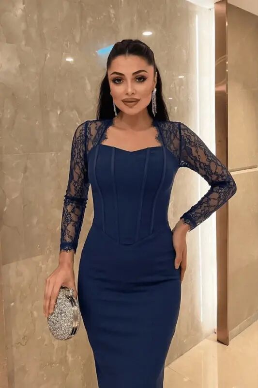 Атласное платье макси с кружевными деталями и корсетом - ТЕМНО-СИНИЙ - 2