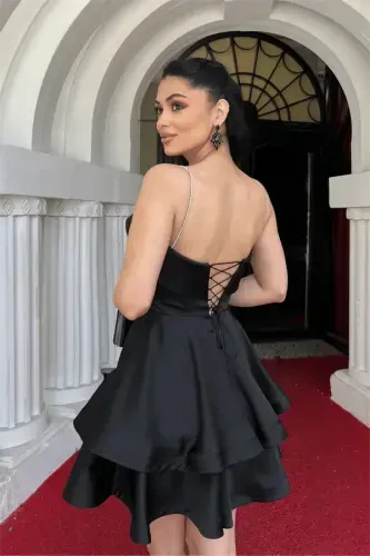 Атласное Платье-миди на бретельках - ЧЕРНЫЙ - 4