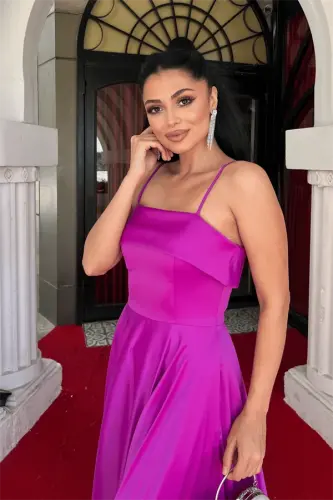 Атласное Платье-миди на Бретельках - ФУКСИЯ - 3