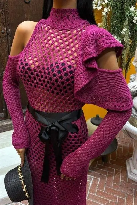 Атласное платье-миди с ажурной вязкой и поясом 2847 - 3