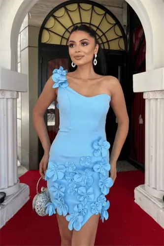 Атласное Платье Мини с Цветами - НЕБЕСНО-ГОЛУБОЙ - 4
